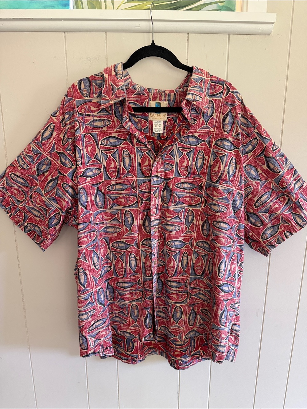 Kahala Hawaiian Islands Aloha Shirt Cotton Fish Block Print Red Blue Size 3XL